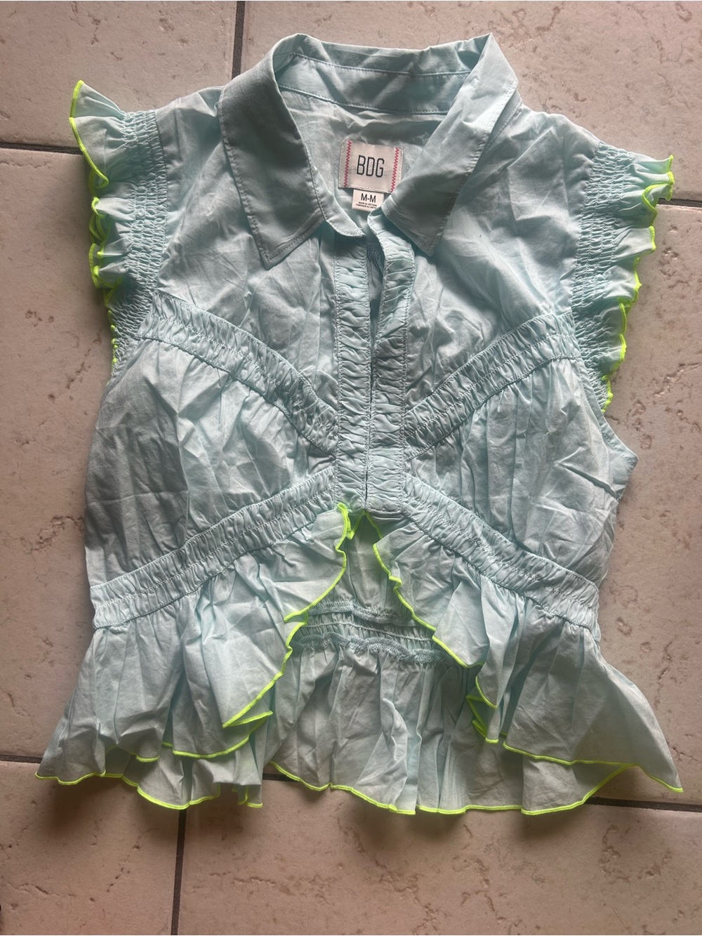 BDG Light Blue Ruffled Cap-Sleeve Top with Neon Trim